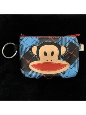 Rare Vtg Original Paul Frank Coin Purse Julius Monkey Zipper Key Ring Blue Plaid